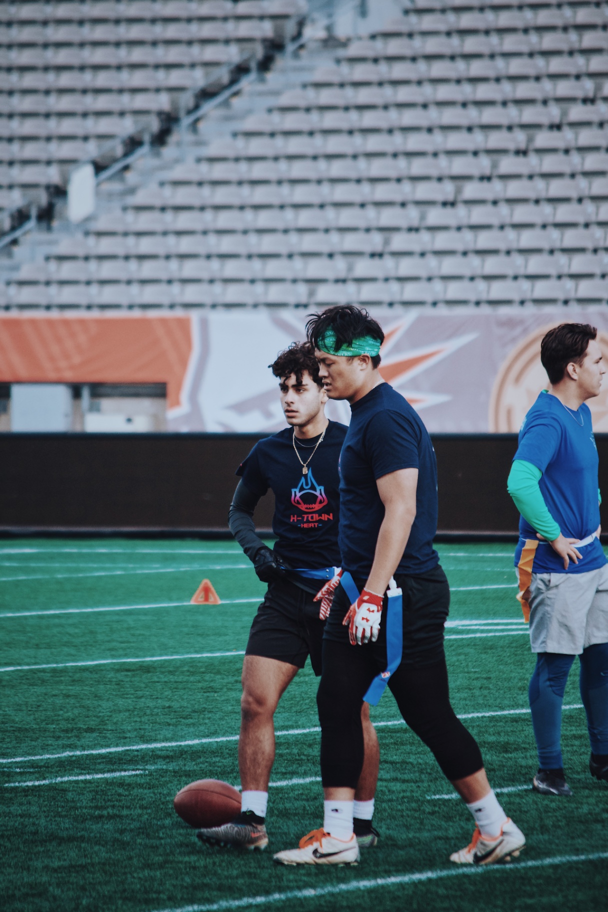 Flag football players on the field pre-snap