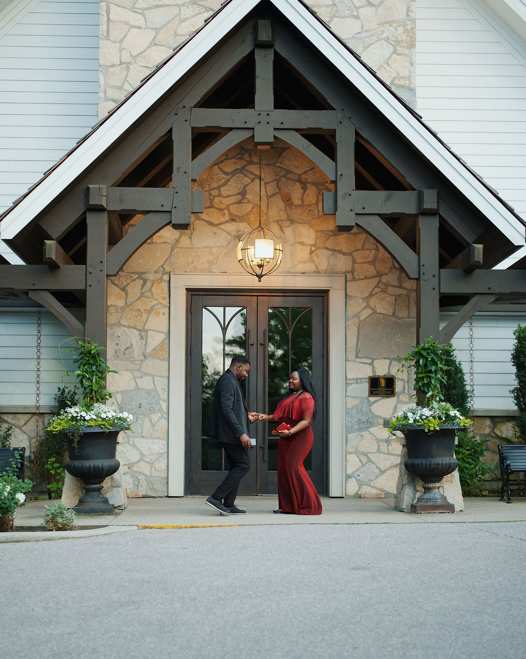Couple at the chapel in gala attire