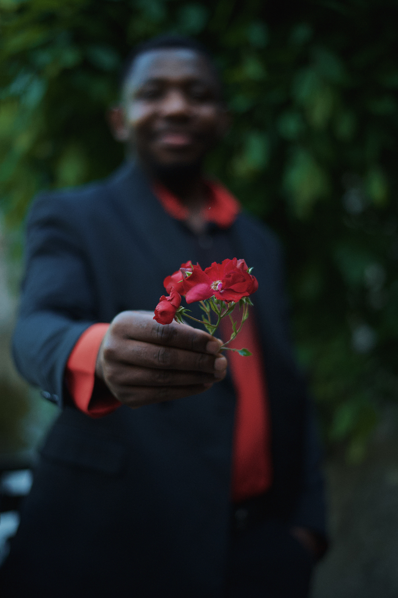 Groom offering a single red rose