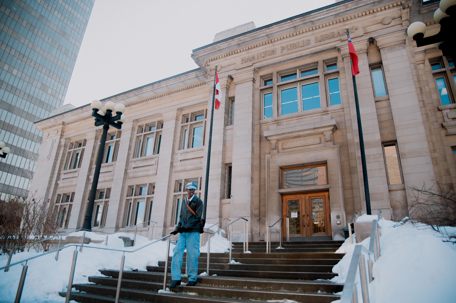 Winter descent from the Hamilton Public Library steps