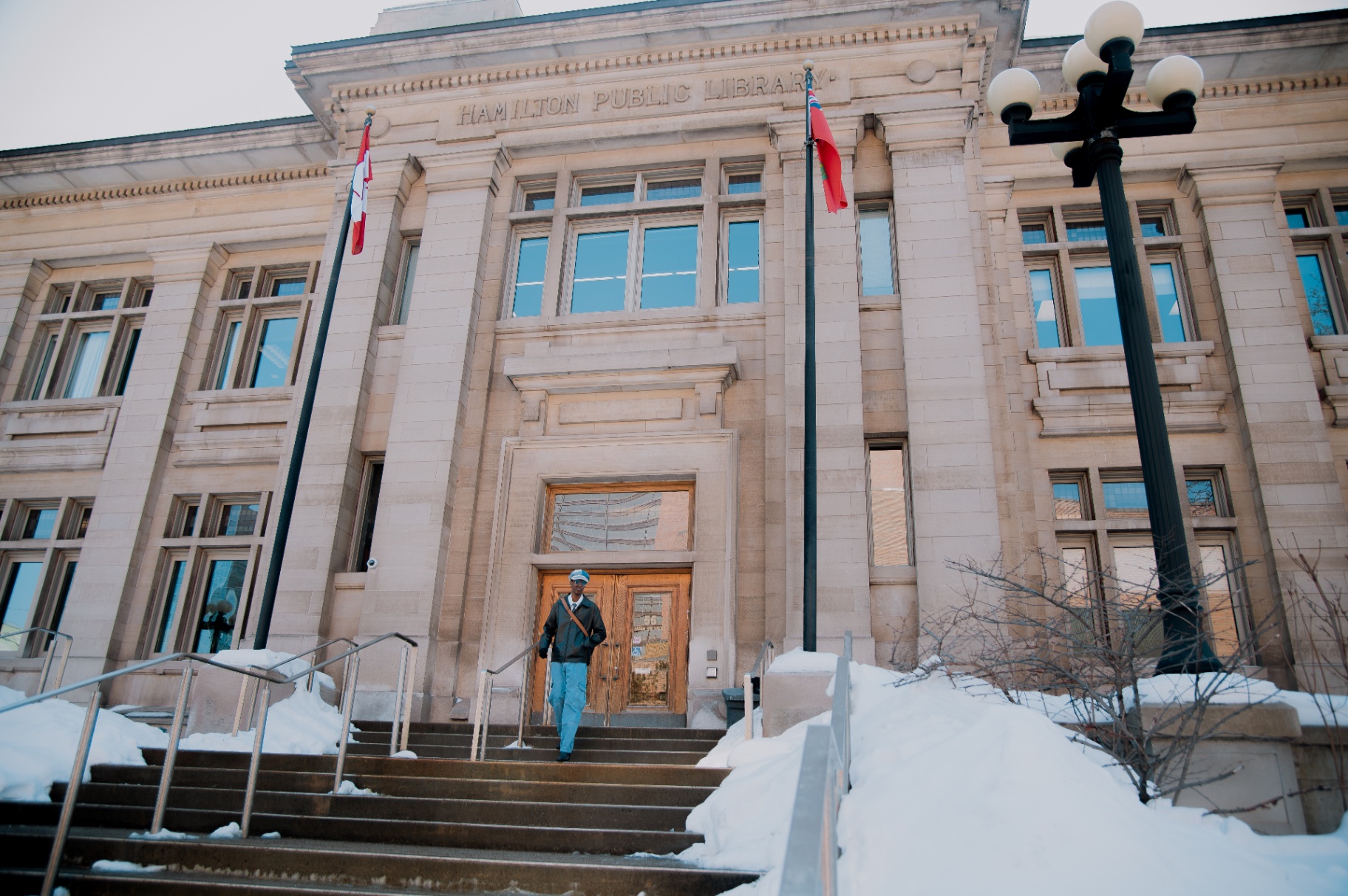 Winter morning at the Hamilton Public Library steps