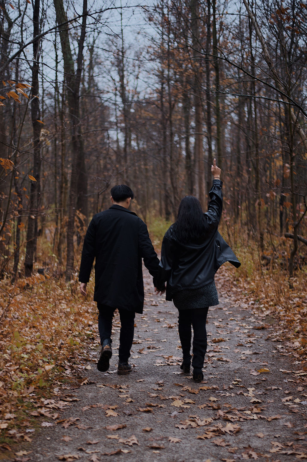 Walking hand-in-hand through autumn woods