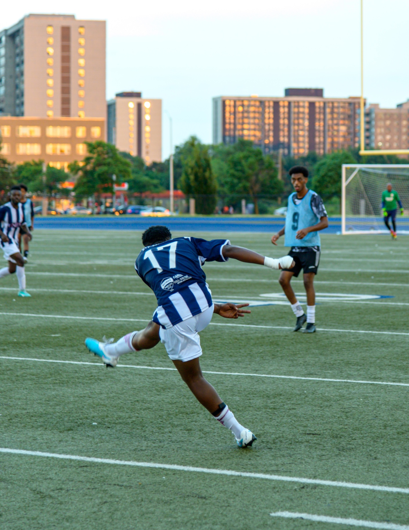 Striker #17 winds up a shot on goal